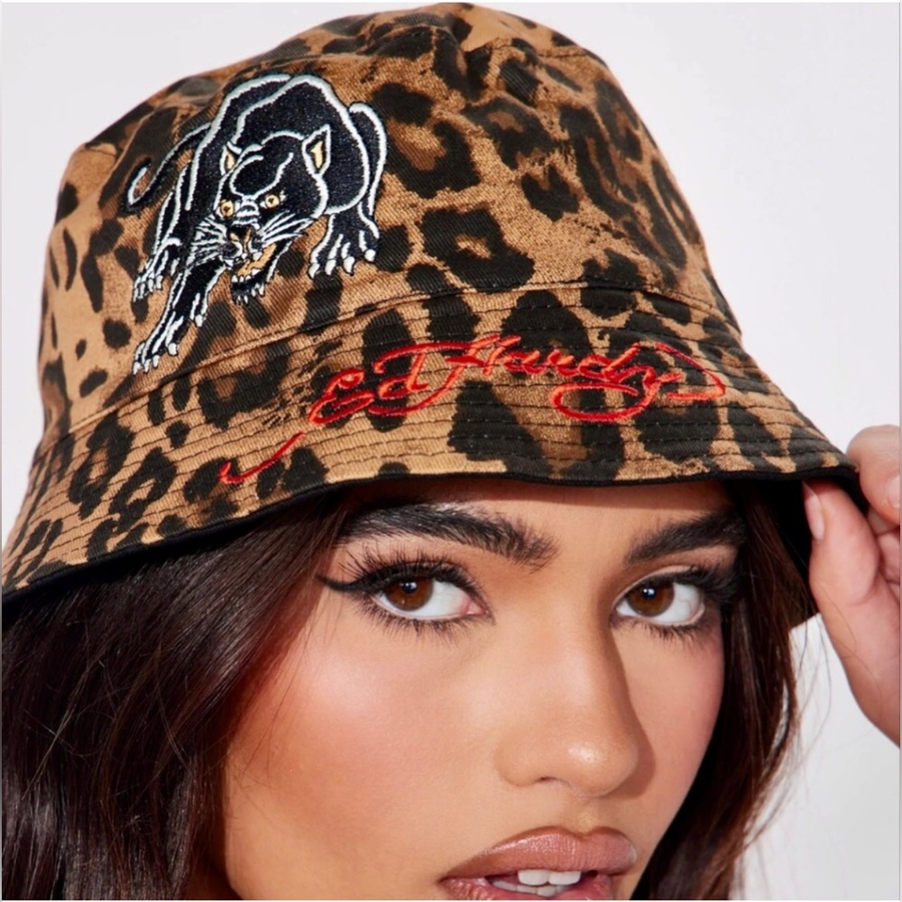 Ed Hardy Panther Leopard Print Reversible Black Bucket Hat